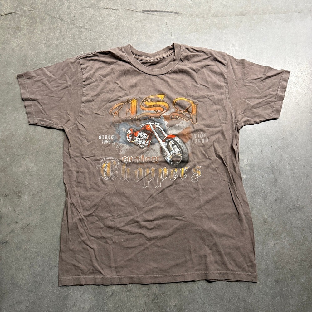 USA Custom Choppers Graphic T-Shirt Brown Biker Motorcycle Tee Mens Large